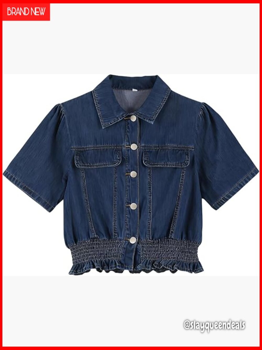 Women's Short Sleeve Denim Shirt Peplum Ruffle Hem Crop Top Jacket